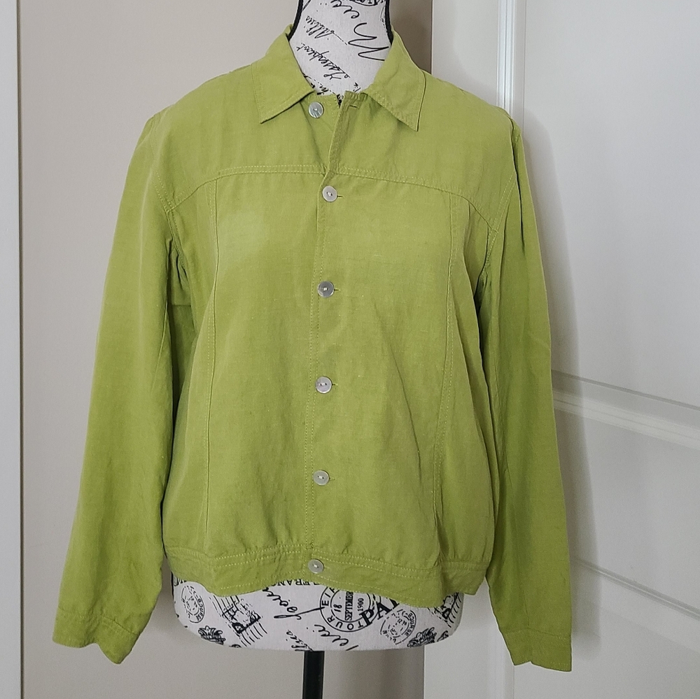 Chico's  Short Jacket Chartreuse Silk & Linen Button Up